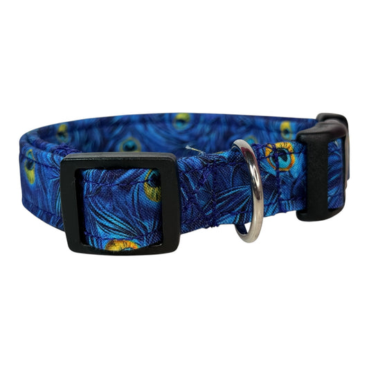 Blue Peacock Feather Print Handmade dog collar, adjustable side release, Handmade Pet Collar with Heavy-Duty Webbing, washable fabric