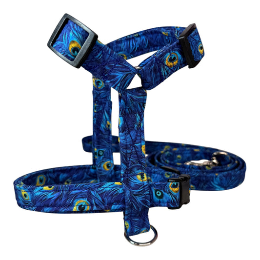 Peacock Feather Dog harness, Standard roman harness or Step in harness. With or without matching leash