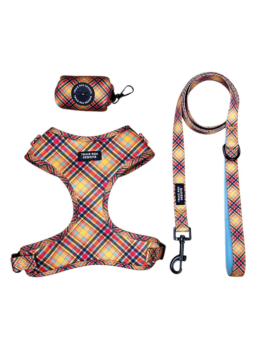Fall Orange Diagonal plaid Neoprene Dog Harness – Adjustable & Comfortable | Add Matching Leash & Poop Bag Set