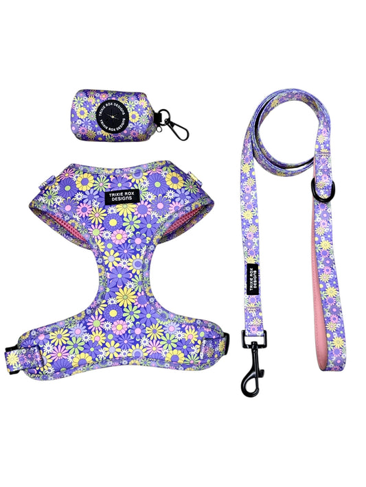 Purple Floral Neoprene Dog Harness – Adjustable & Comfortable | Add Matching Leash & Poop Bag Set