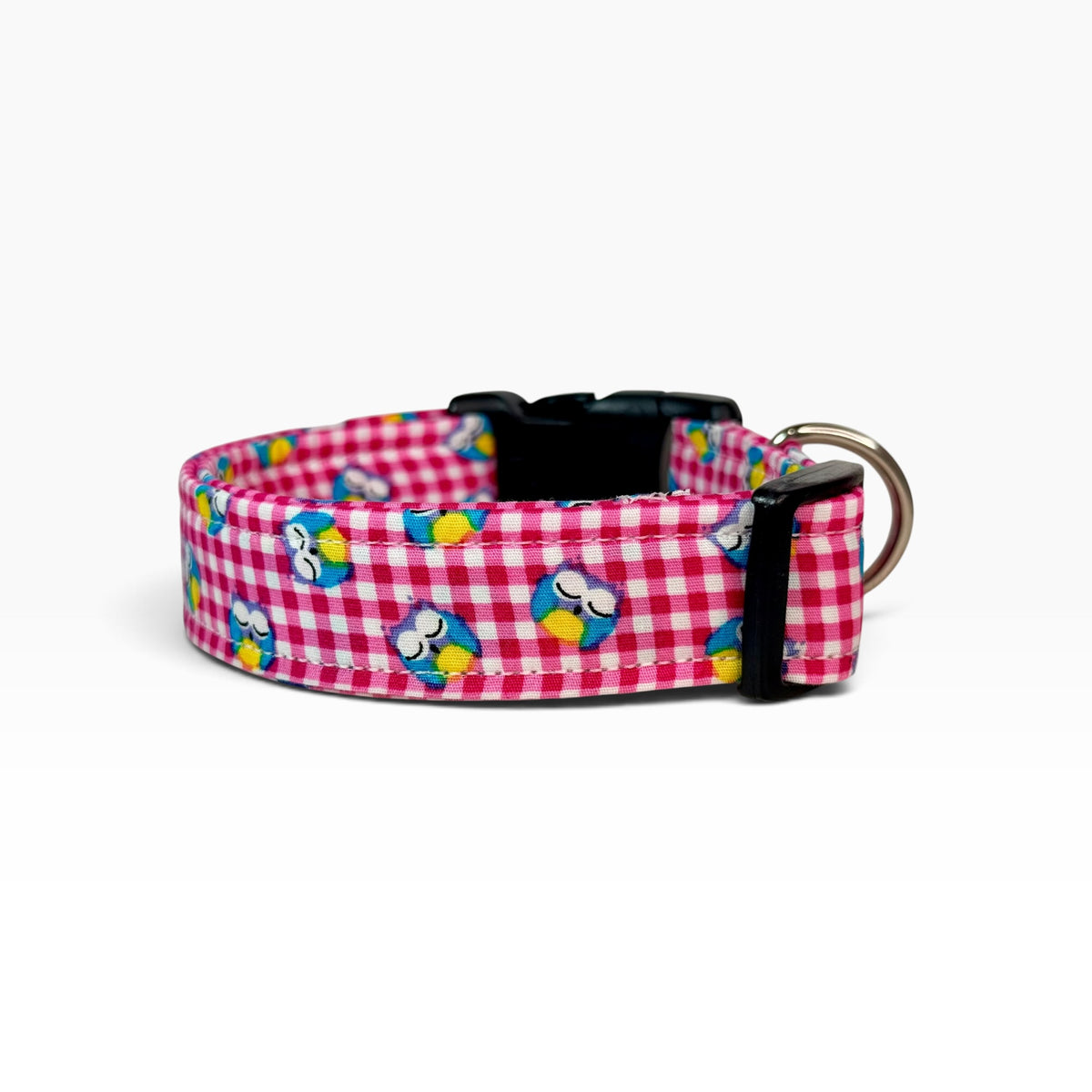 Pink Gingham and Owls Handmade dog collar, Handmade Pet Collar with Heavy-Duty Webbing & Stainless Steel Hardware