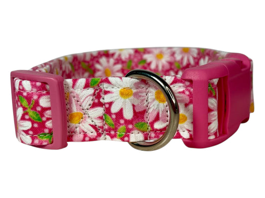 Pink Daisy Floral Handmade dog collar, Handmade Pet Collar with Heavy-Duty Webbing & Stainless Steel Hardware