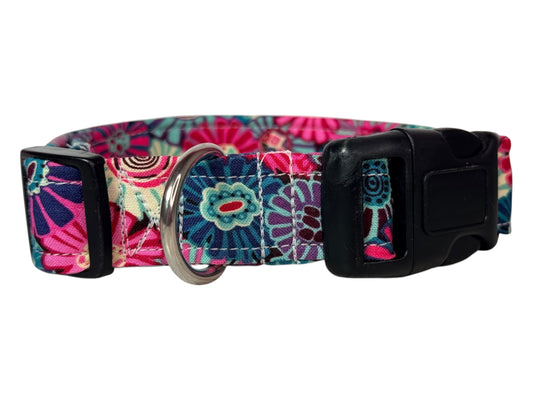 Floral Dog collar, Pink, teal and blue, Handmade dog collar, Handmade Pet Collar with Heavy-Duty Webbing & Stainless Steel Hardware