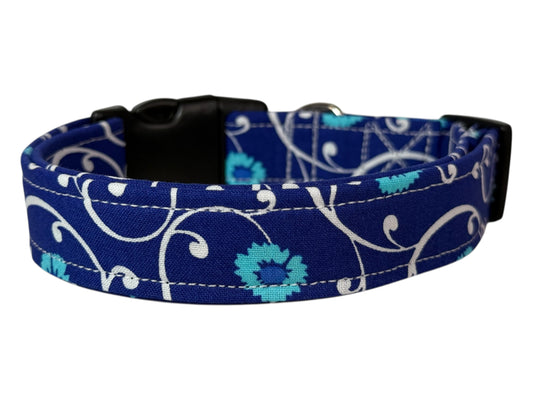 Blue and White Floral Handmade dog collar, Handmade Pet Collar with Heavy-Duty Webbing & Stainless Steel Hardware