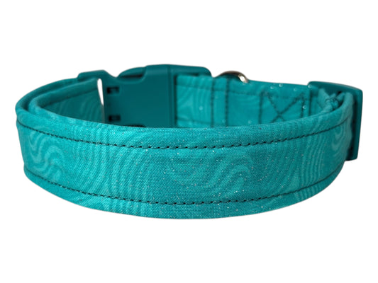 Teal Sparkle Handmade dog collar, Handmade Pet Collar with Heavy-Duty Webbing & Stainless Steel Hardware