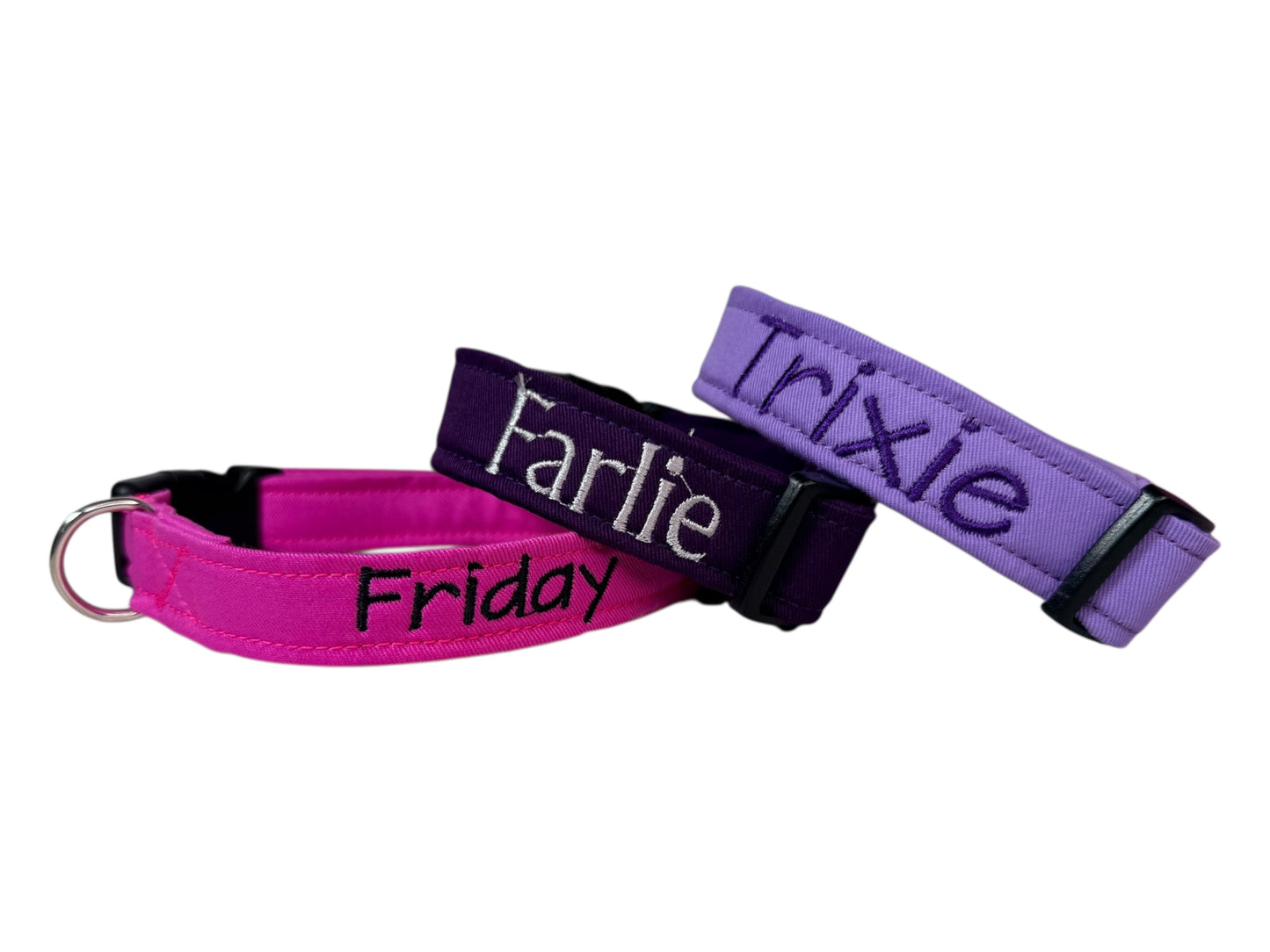 Lavendar embroidered cotton canvas side release adjustable dog collar, handmade, washable, personalized