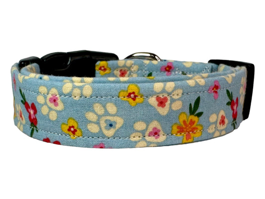 Tropical floral and paw print dog collar, handmade side release adjustable collar.