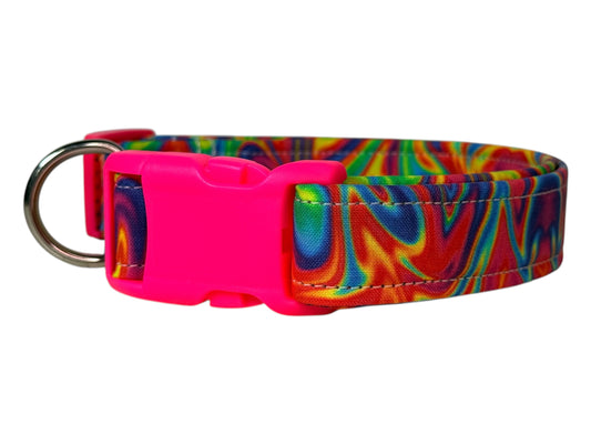 Neon Psychedelic Rainbow Handmade dog collar, Handmade Pet Collar with Heavy-Duty Webbing & Stainless Steel Hardware
