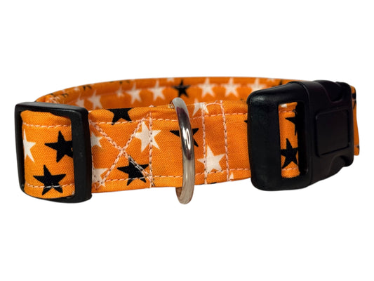 Black and white stars on Orange Handmade dog collar, Handmade Pet Collar with Heavy-Duty Webbing & Stainless Steel Hardware