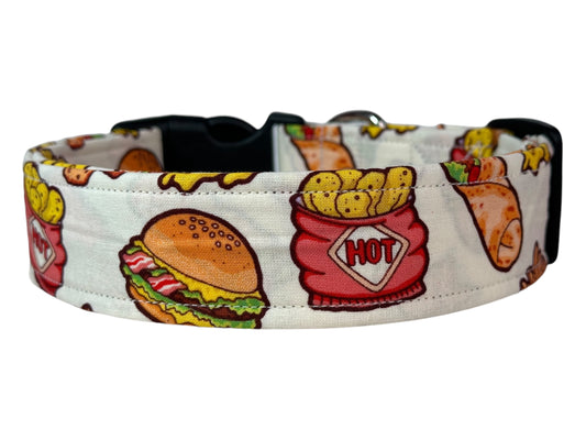 Fast food dog collar, food collar, handmade side release dog collar: Burgers, Fries, Burritos, chips, and pizza