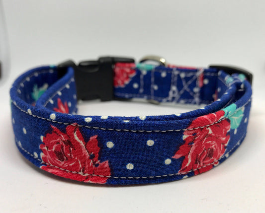 Dog Collar, girl dog collar, floral dog collar, side release collar, adjustable collar, buckle dog collar, blue, polka dots, roses, rose