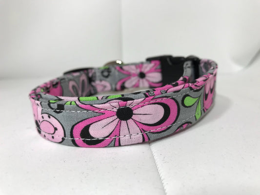 Dog Collar, girl dog collar, floral dog collar, martingale, adjustable collar, buckle dog collar, pink, flowers, gray, grey, pink flowers