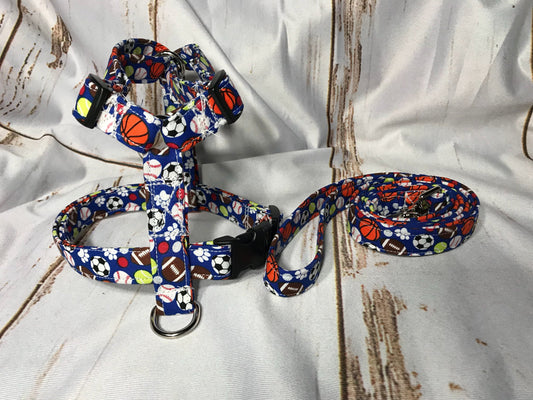 Dog harness, Harness and leash, step in harness, standard harness, dog harness set, adjustable harness, sports, balls, paws, dog balls, blue