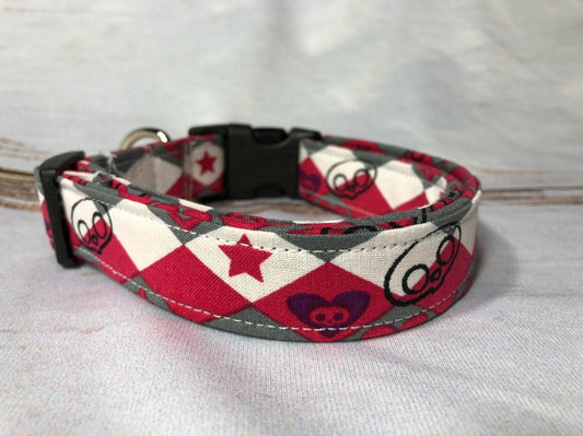 Argyle dog collar, punk dog collar, skull dog collar, pink, white, side release collar, adjustable, washable, girl dog collar, eco friendly