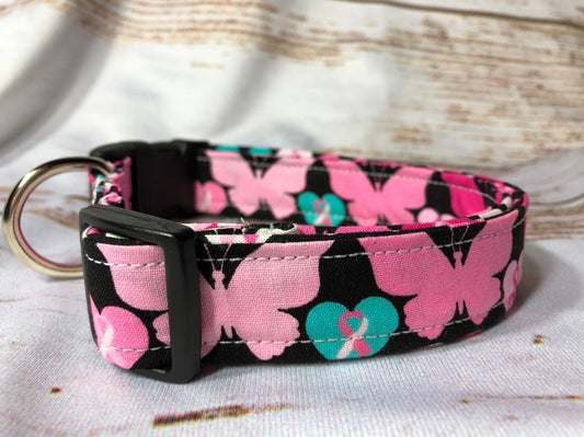 Hope butterfly dog collar, cancer awareness ribbon dog collar, quick release, side release, adjustable, washable pet collar