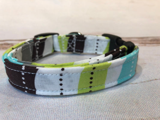 Dog Collar, dog collar unisex, fabric dog collar, teal and lime dog collar, nylon, adjustable collar, buckle dog collar, teal, lime, brown, waves