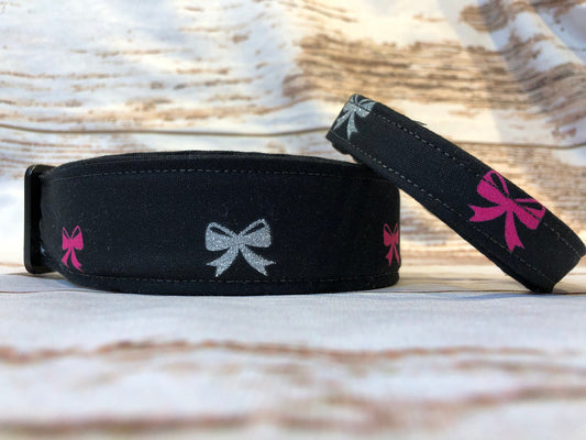 Bow dog collar, black dog collar, pink, silver, girly dog collar, sparkles, adjustable, washable, eco friendly, side release collar, black
