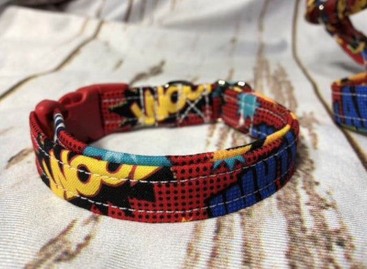 Comic book dog collar, red dog collar, adjustable dog collar, side release collar, fabric dog collar, washable, red, comic book theme