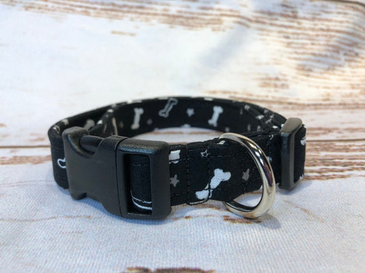 Dog bone dog collar, black dog collar, adjustable collar, fabric dog collar, washable collar, side release collar, dog bones, boy dog collar