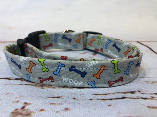Dog Collar, boy dog collar, unisex dog collar, side release, adjustable collar, Buckle dog collar, dog bones, gray collar, bones on gray