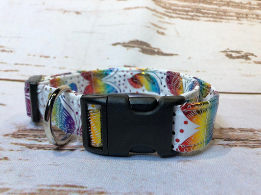 Butterfly dog collar, rainbow foil butterflies, side release dog collar, adjustable collar, fabric dog collar, white, butterflies, washable