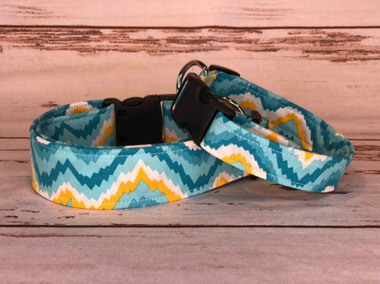 Blue and yellow dog collar, wave dog collar, girl dog collar, boy dog collar, adjustable, washable, eco friendly, side release, blue, yellow