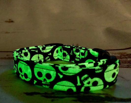 Glow in the dark skull dog collar, funny dog collar, skulls, adjustable, washable, side release collar, black, white, glow in the dark green