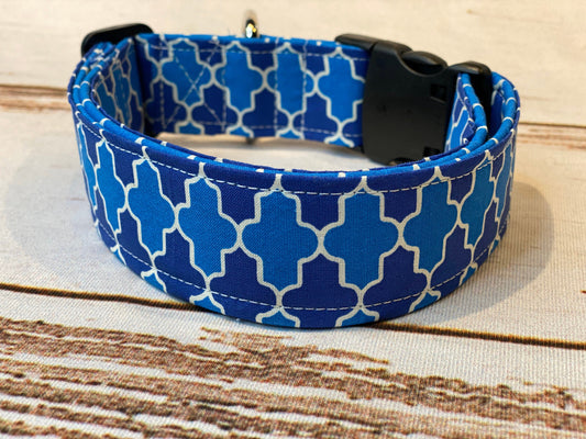 Blue dog collar, boy dog collar, fabric dog collar, washable, side release collar, adjustable dog collar, geometric, blue, white, navy blue