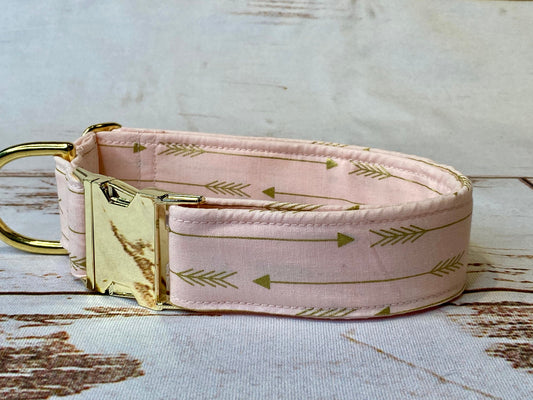 Blush pink arrow dog collar, brass hardware, gold hardware, washable, adjustable, fabric dog collar, dog collar girl, pretty dog collar