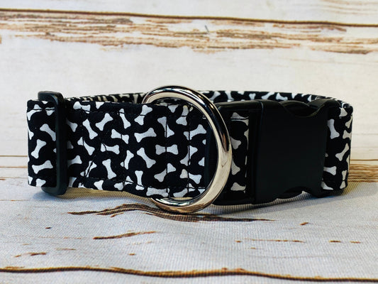 Bone dog collar, dog bones, black dog collar, adjustable collar, fabric dog collar, side release collar, washable collar, eco friendly