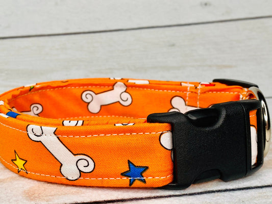 Dog Collar, orange dog collar, boy dog collar, side release, adjustable collar, nylon collar,washable collar, orange bones, dog bone