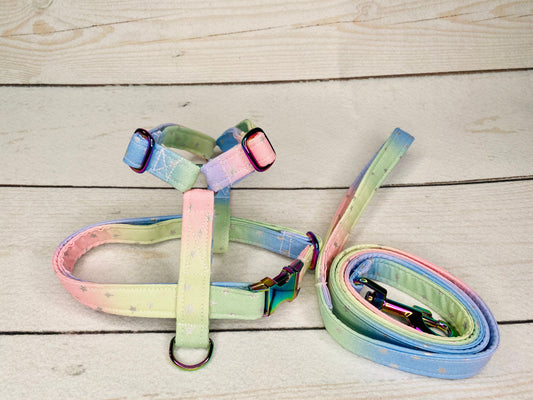 Ombre stars dog Harness and leash set with neo chrome hardware, step in harness, standard harness, dog harness set, Neo chrome hardware, pastel stars, ombré