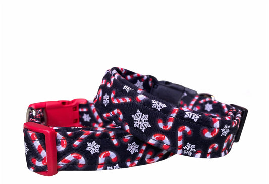 Dog Collar, adjustable dog collar, side release dog collar, holiday dog collar, Christmas dog collar, candy cane, Christmas collar