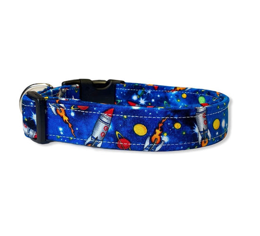 Dog Collar, boy dog collar, spaceship collar, adjustable collar, washable collar, sci fi dog collar, blue, spaceships, galaxy, space, aliens