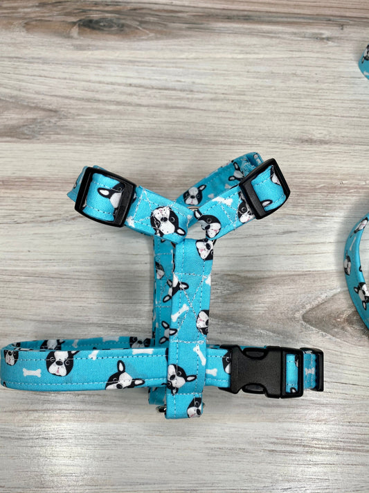 Boston terrier dog harness and leash set, standard roman dog harness, step in dog harness, boston terrier print, matching leash, adjustable washable pet harness, handmade