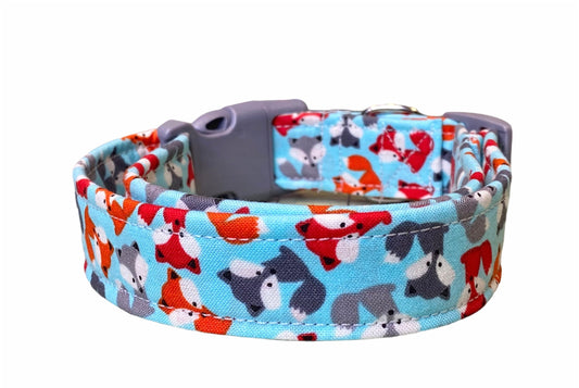 Dog Collar, girl dog collar, boy dog collar, fox dog collar, adjustable collar, fabric dog collar, fox, foxes, tiny foxes, orange, gray