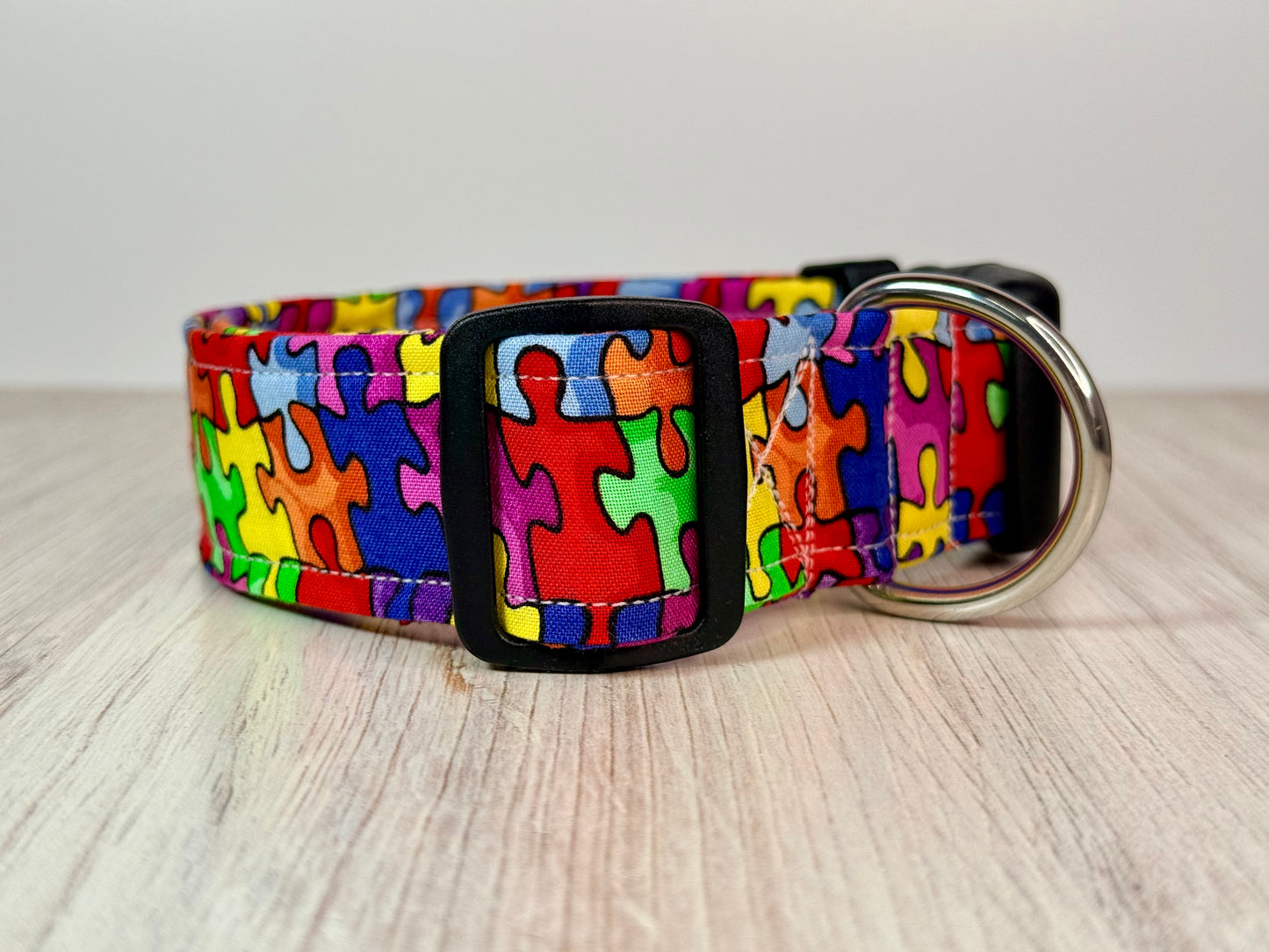 Rainbow puzzle piece Handmade dog collar,  Handmade Pet Collar with Heavy-Duty Webbing & Stainless Steel Hardware