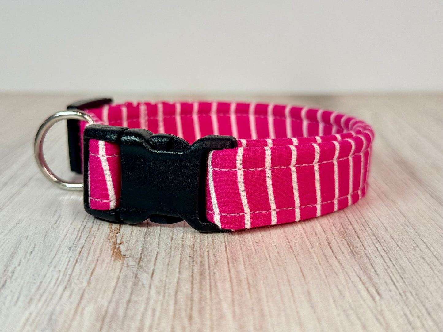 Pink and white striped handmade dog collar: Adjustable side release, washable cotton fabric, webbing core, customizable hardware color