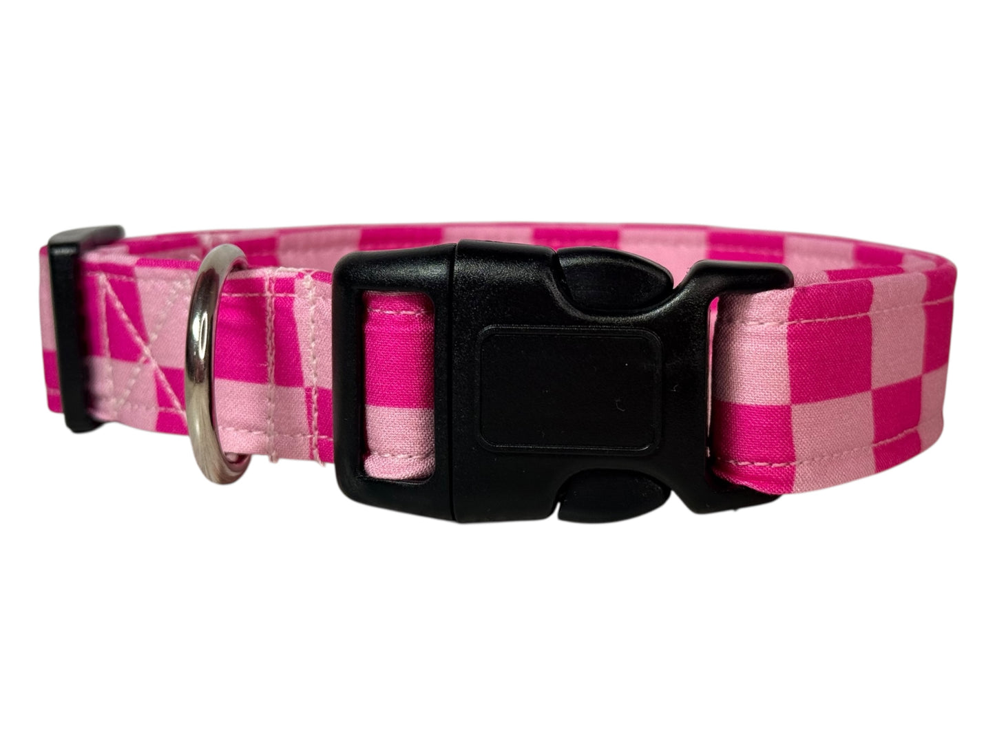 Pink retro checkered Handmade dog collar, adjustable side release, Handmade Pet Collar with Heavy-Duty Webbing, washable fabric,