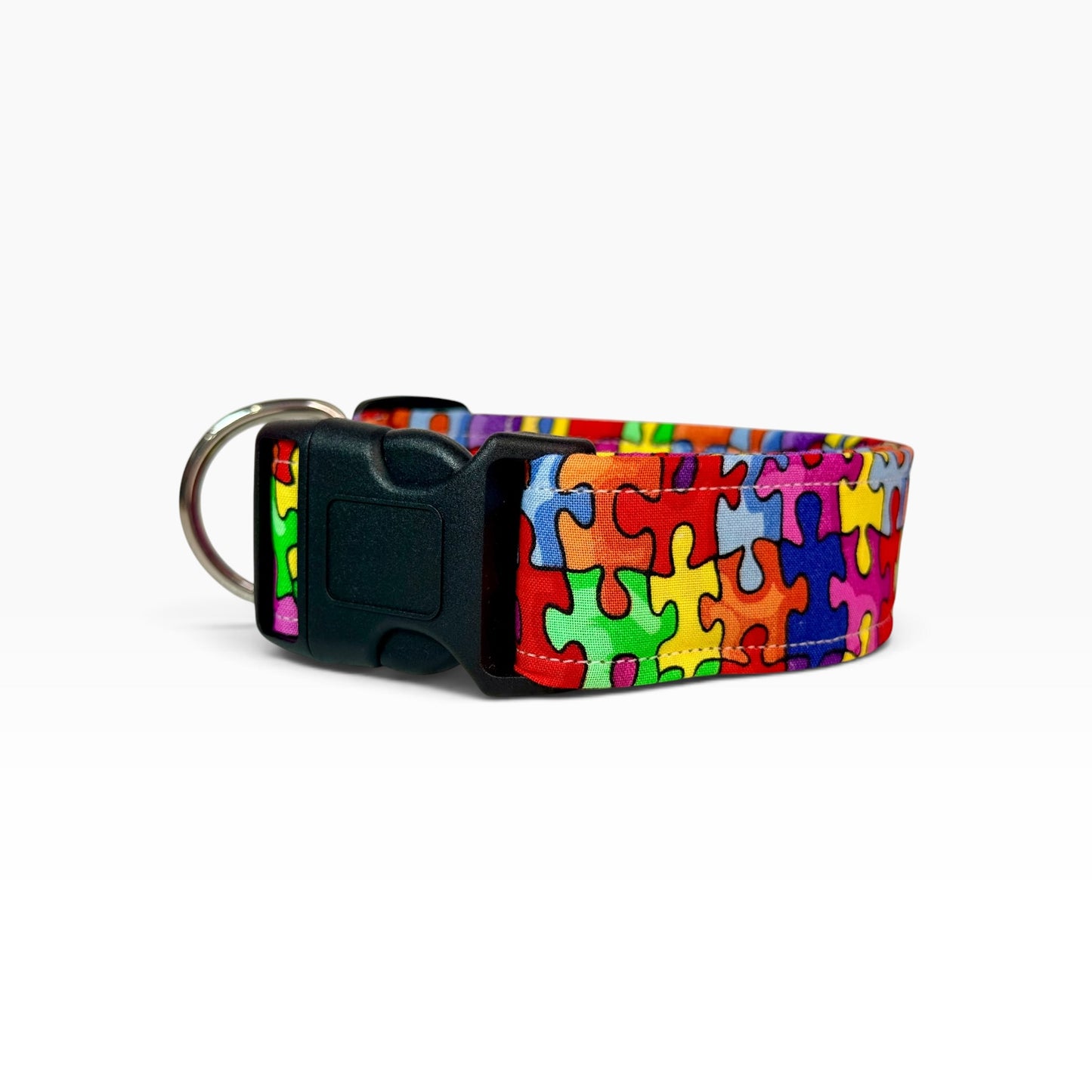 Rainbow puzzle piece Handmade dog collar,  Handmade Pet Collar with Heavy-Duty Webbing & Stainless Steel Hardware