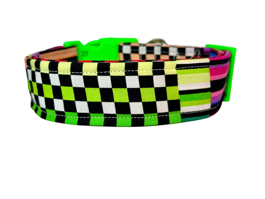 Rainbow Checkers and stripe Print handmade Dog Collar: adjustable side release,  Washable cotton Fabric, webbing core, customizable hardware