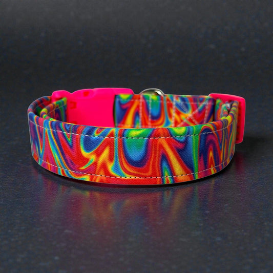 Neon Psychedelic Rainbow Handmade dog collar,  Handmade Pet Collar with Heavy-Duty Webbing & Stainless Steel Hardware