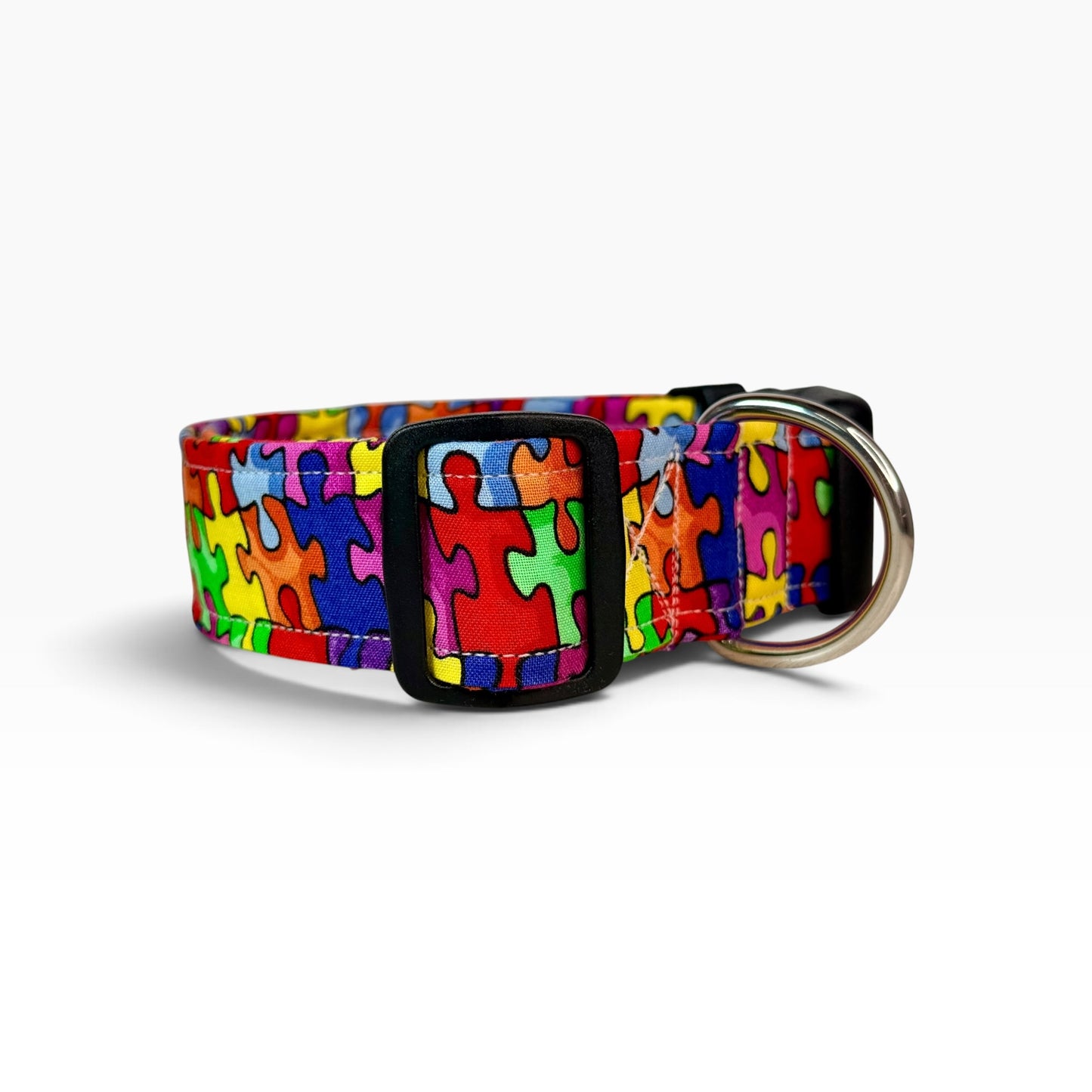 Rainbow puzzle piece Handmade dog collar,  Handmade Pet Collar with Heavy-Duty Webbing & Stainless Steel Hardware