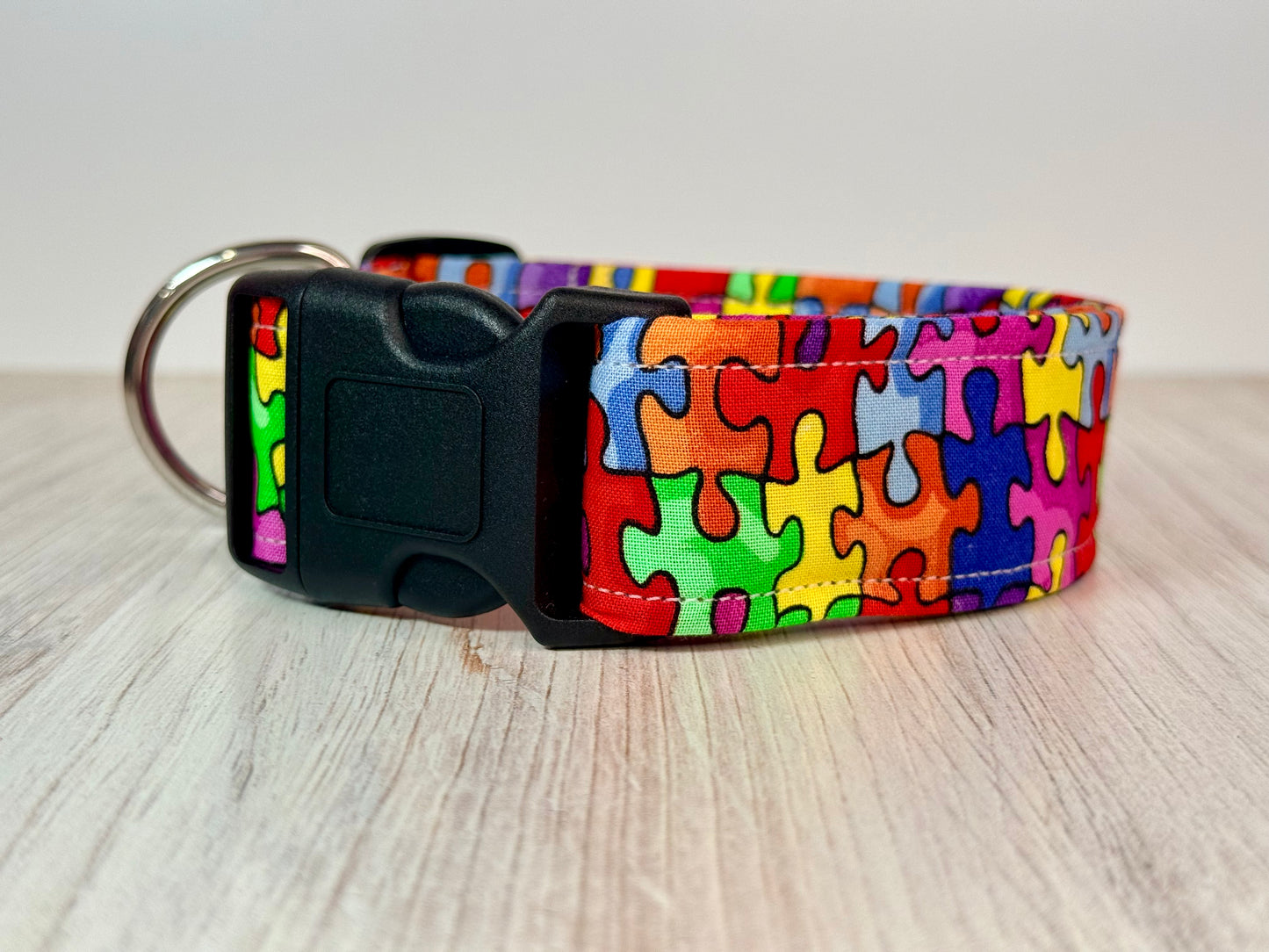 Rainbow puzzle piece Handmade dog collar,  Handmade Pet Collar with Heavy-Duty Webbing & Stainless Steel Hardware