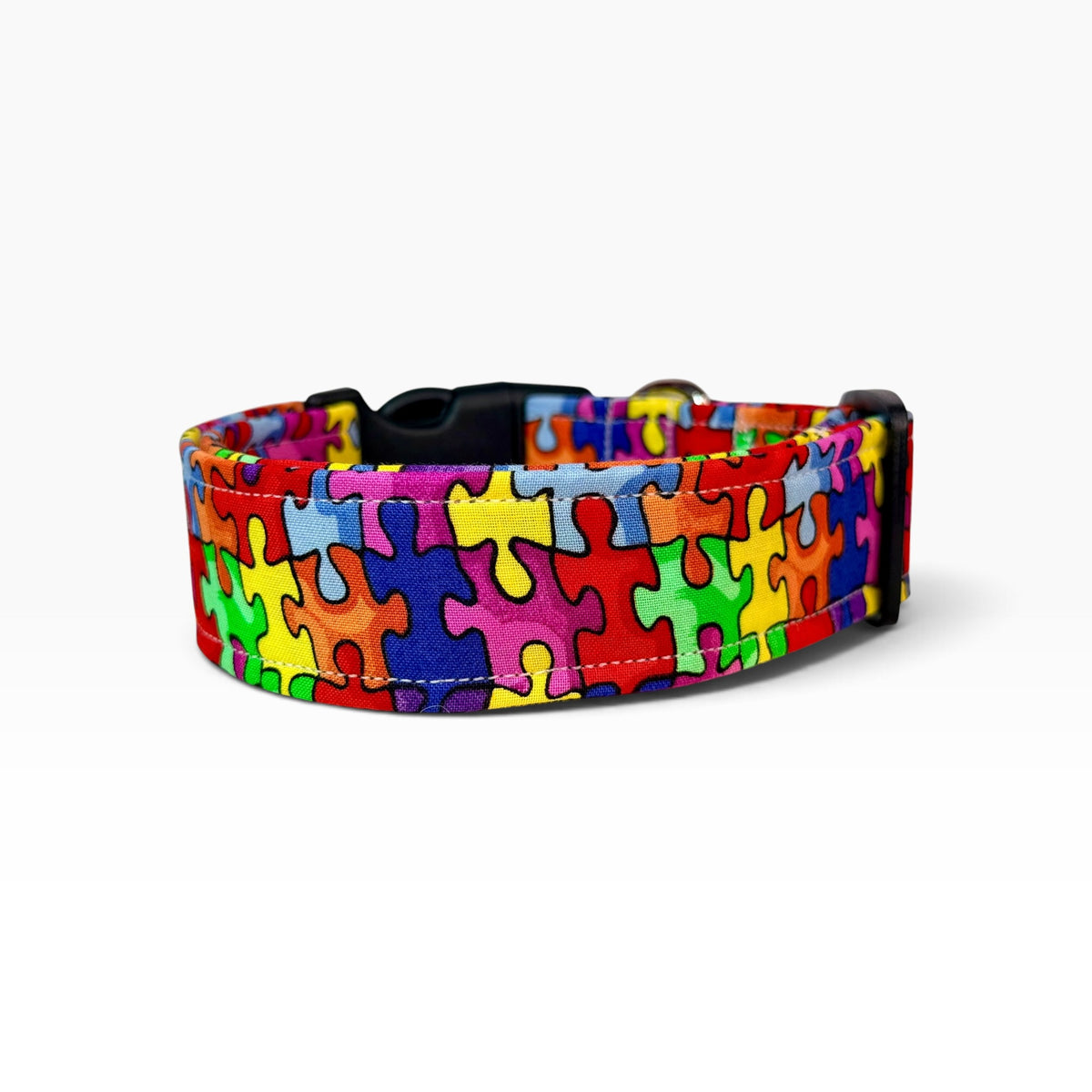 Rainbow puzzle piece Handmade dog collar,  Handmade Pet Collar with Heavy-Duty Webbing & Stainless Steel Hardware