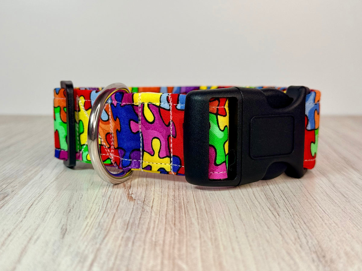 Rainbow puzzle piece Handmade dog collar,  Handmade Pet Collar with Heavy-Duty Webbing & Stainless Steel Hardware