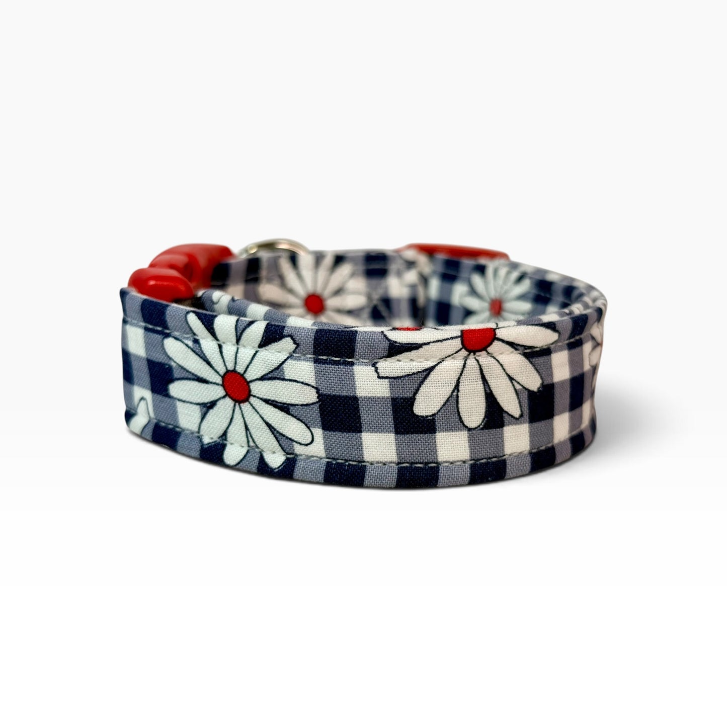 Daisy and blue gingham Handmade dog collar,  Handmade Pet Collar with Heavy-Duty Webbing & Stainless Steel Hardware
