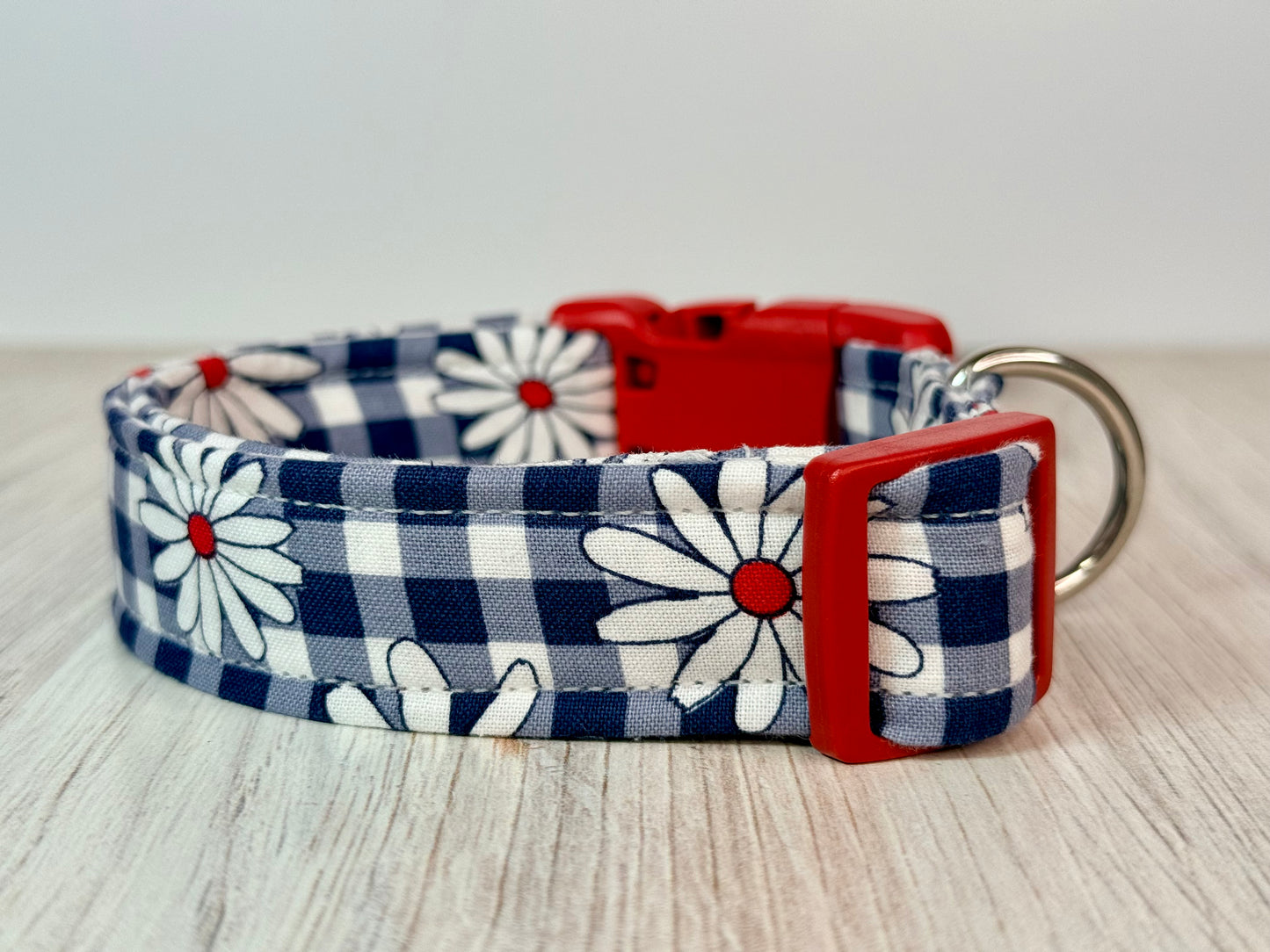 Daisy and blue gingham Handmade dog collar,  Handmade Pet Collar with Heavy-Duty Webbing & Stainless Steel Hardware