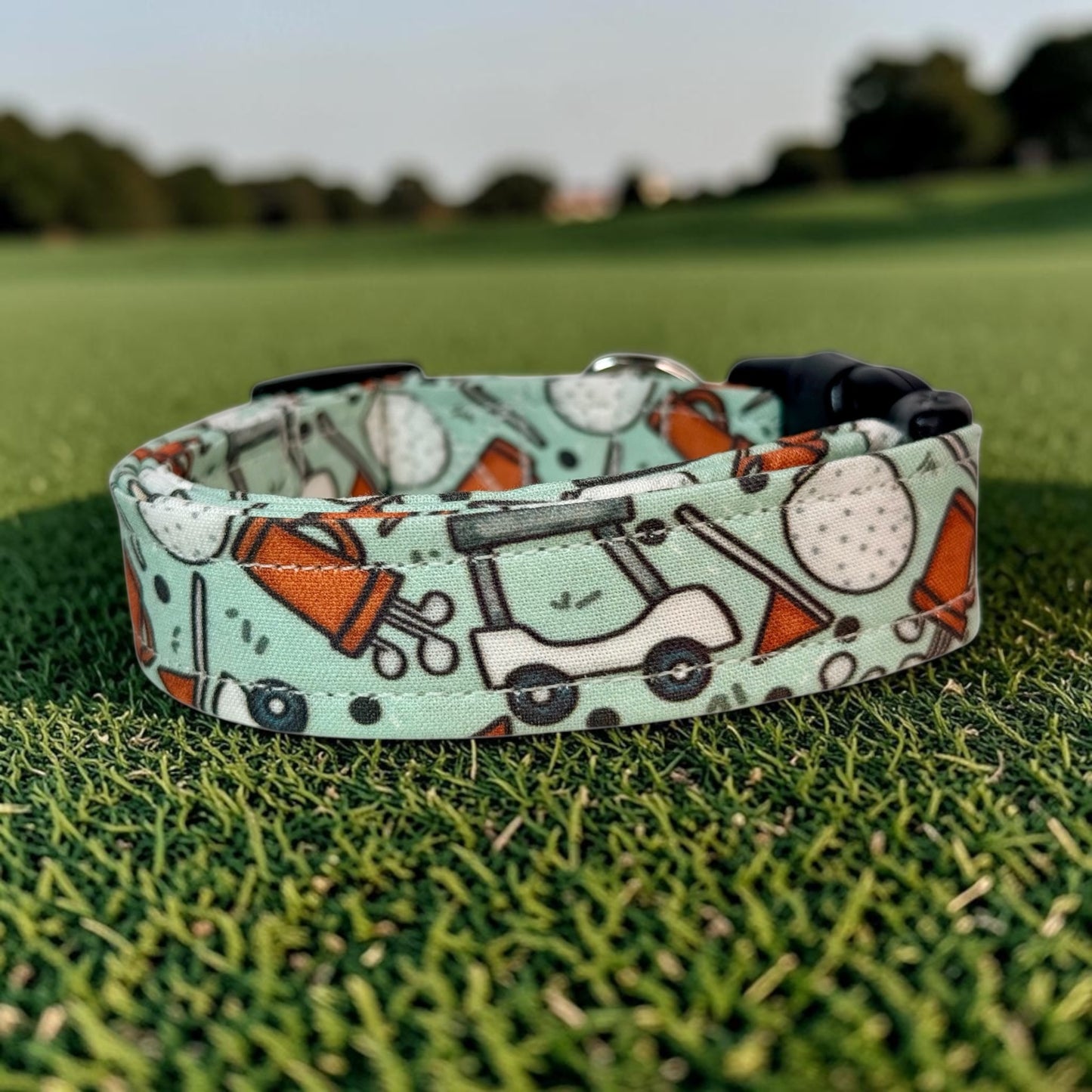 Golf Handmade funny dog collar: Adjustable side release, washable cotton fabric, webbing core, customizable hardware