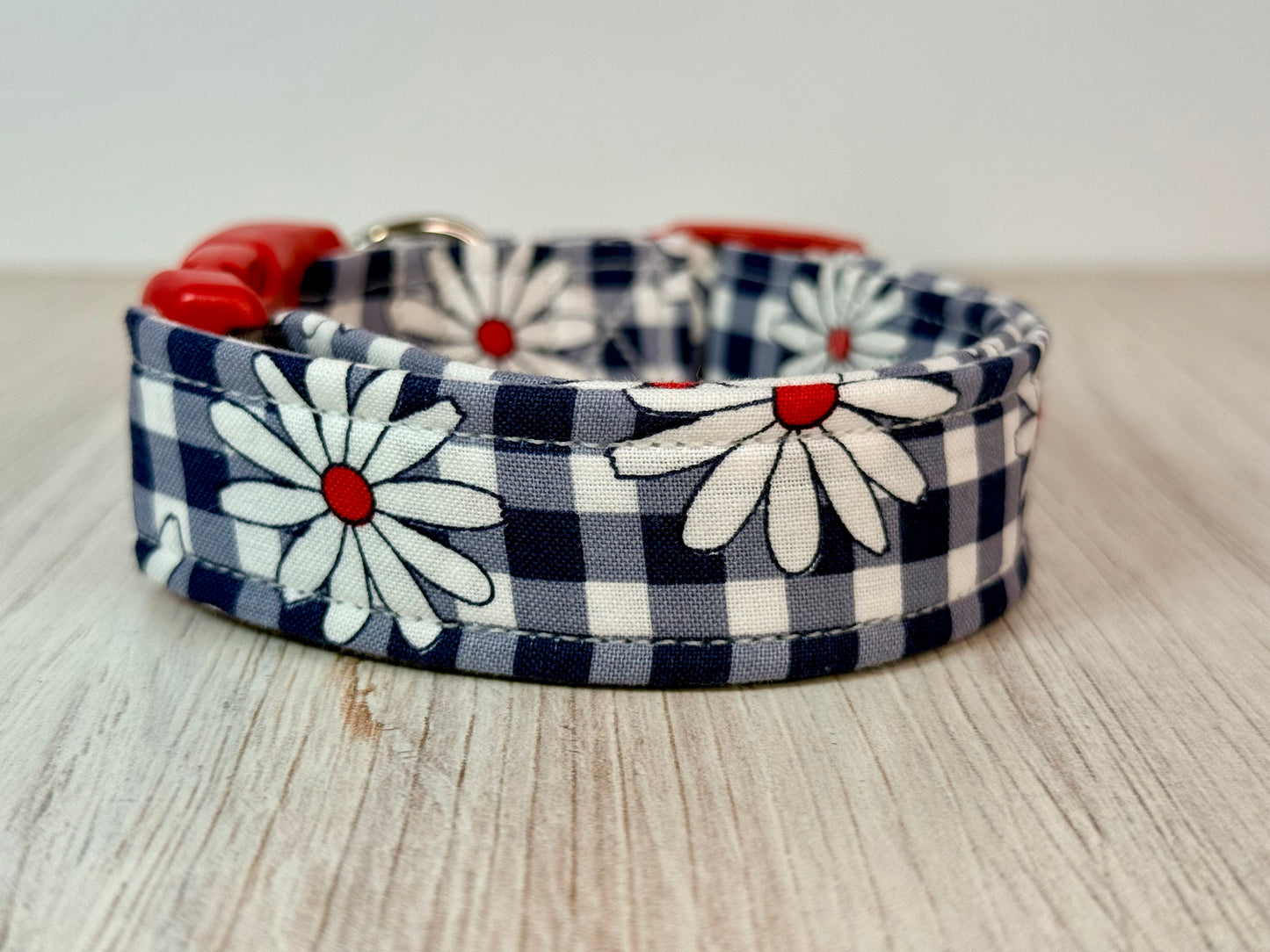 Daisy and blue gingham Handmade dog collar,  Handmade Pet Collar with Heavy-Duty Webbing & Stainless Steel Hardware